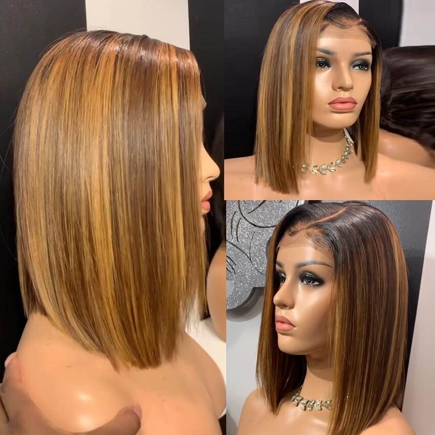 HD Lace Front Bone Straight 1B/gray Color Short Wig Bob